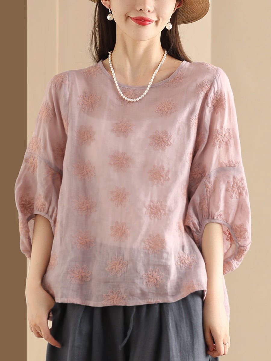 Women Summer Vintage Flower Embroidery Ramie Shirt PP1029 BUYKUD