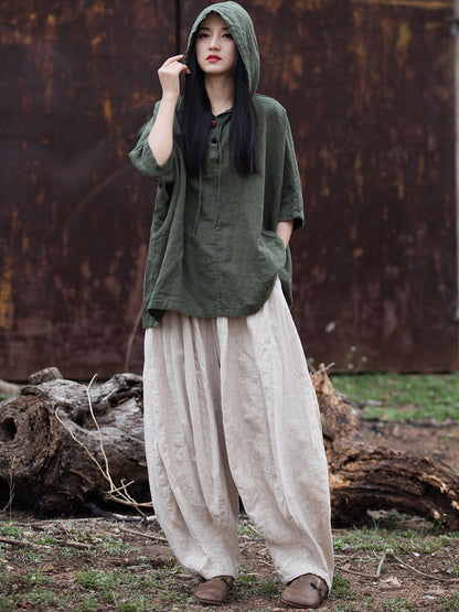 Women Summer Retro Solid Loose Hooded Ramie Shirt CC045 BXF