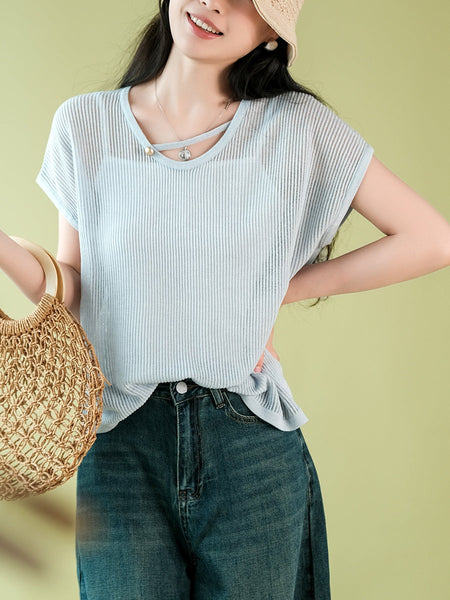 Women Summer Artsy O-Neck Solid Thin Shirt CX036 ZMMM