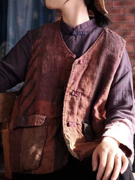 Women Retro Print Linen Cotton Padded Vest AT1078 JSHY