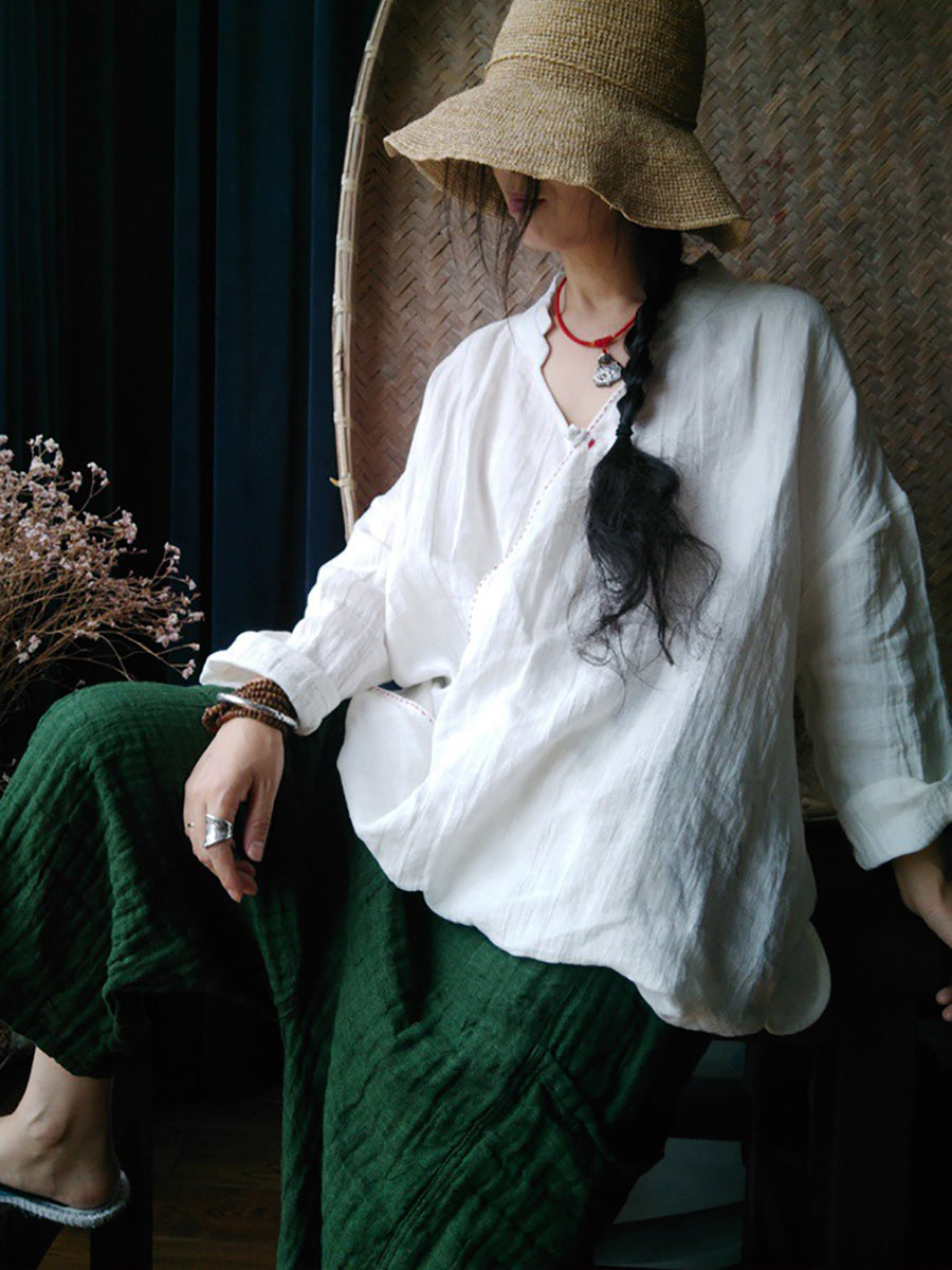 Women Vintage Summer Stitching Linen Shirt QW1034 Ada Fashion