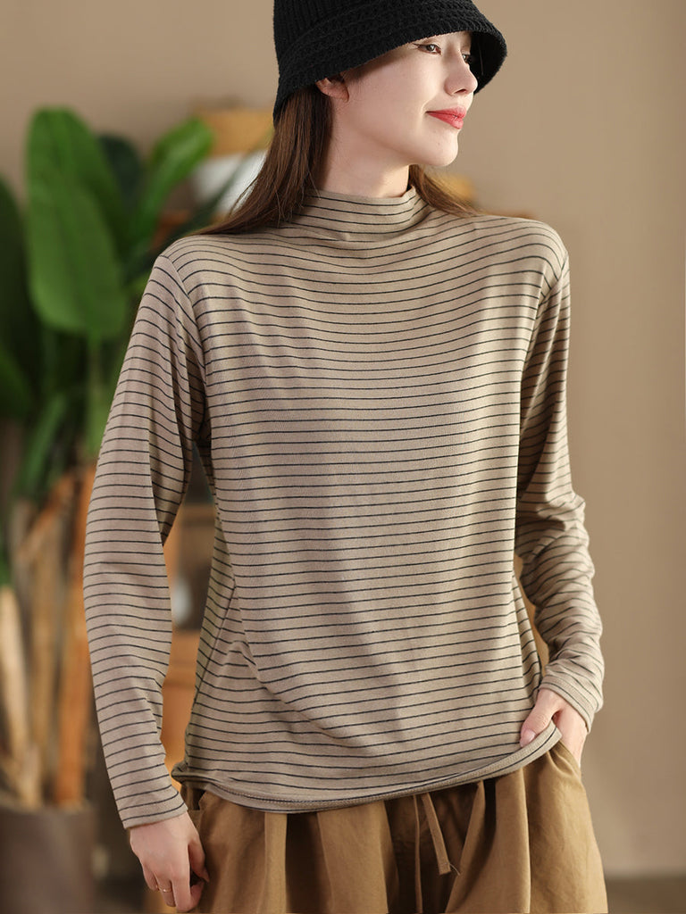 Women Autumn Casual Stripe Half Turtleneck Blouse AI1064 ZMMM