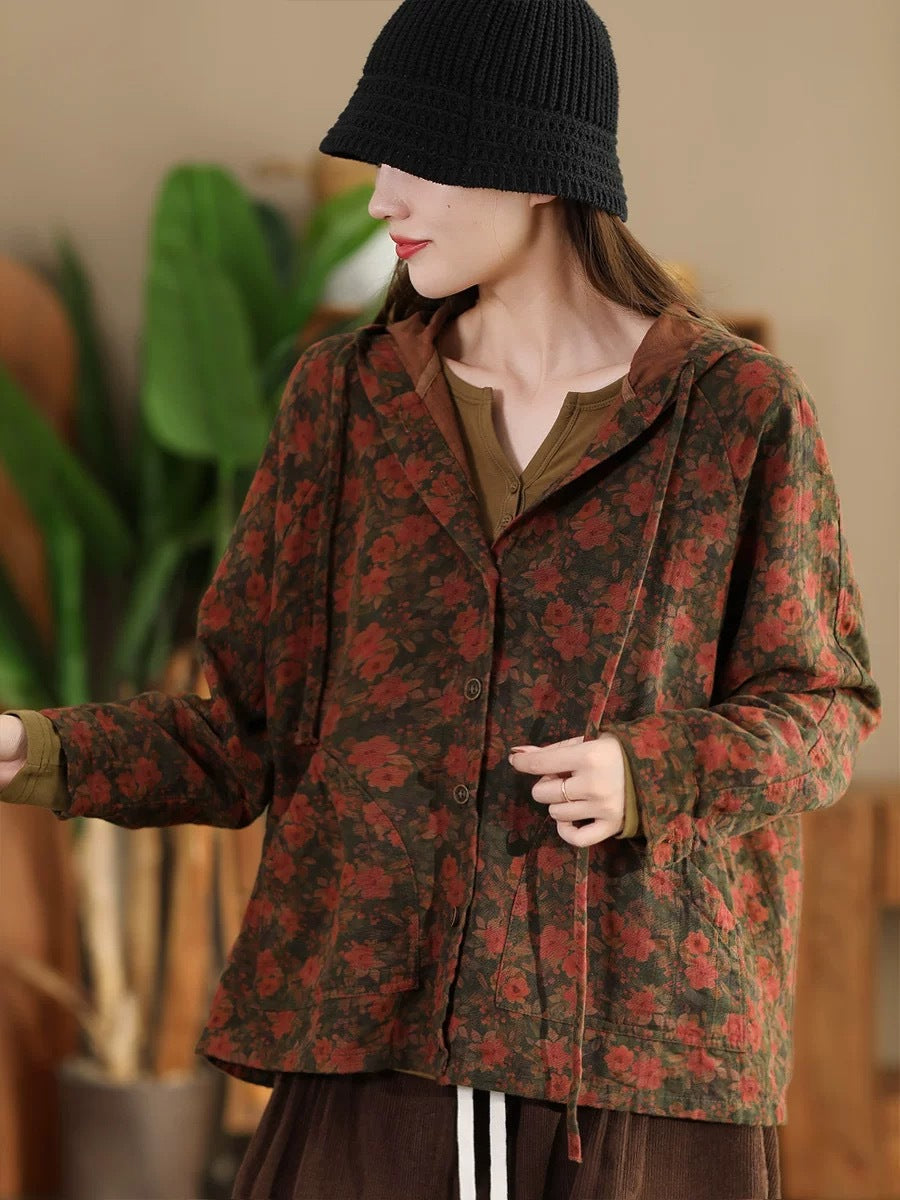 Women Vintage Autumn Flower Button Cotton Linen Hooded Coat AH1013 ZMMM