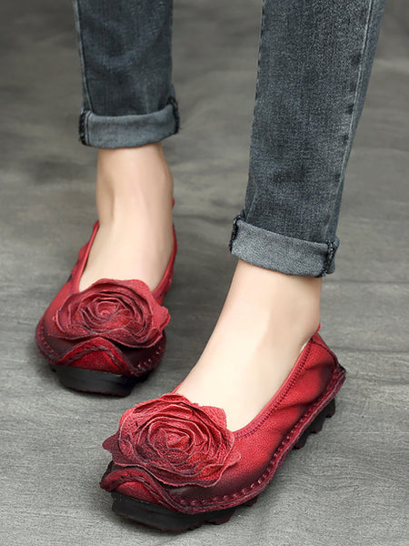 Women Summer Vintage Flower Leather Solid Shoes PP1033 RXMY