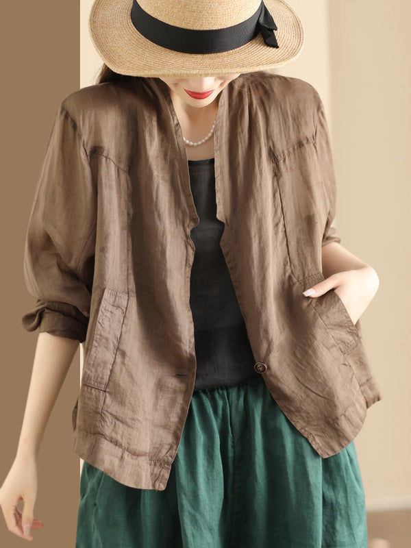 Women Vintage Solid Summer Ramie Thin Cardigan Shirt Coat SC1056 Ada Fashion