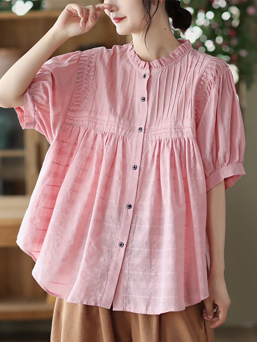 Women Artsy Shirred Stripe Cotton Agaric-Lace Shirt OP1006 BUYKUD