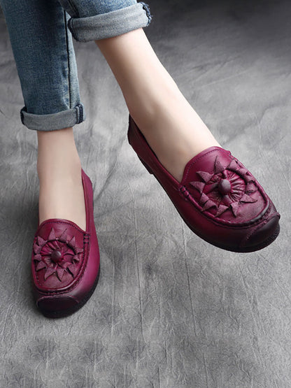 Women Vintage Flower Genuine Leather Low Heel Shoes AS1005 RXMY