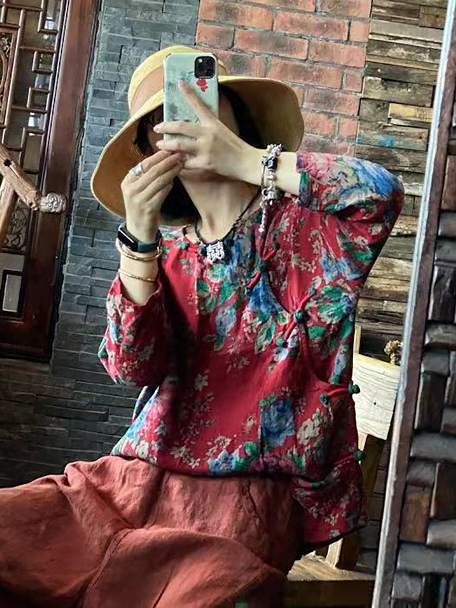 Women Ethnic Floral Loose 100%Cotton Shirt AA1032 Ada Fashion