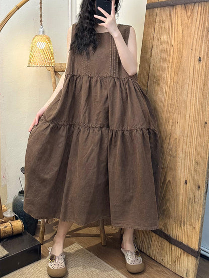 Women Summer Vintage Solid Shirred Linen Vest Dress CV1040 Ada Fashion