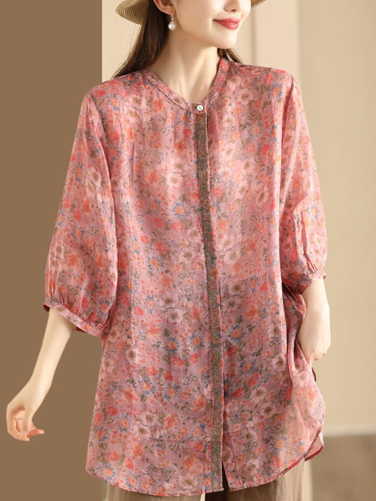 Women Summer Artsy Floral Spliced Ramie Long Shirt BN1007 Ada Fashion