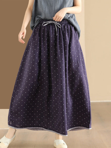 Women Summer Artsy Dot Loose Ramie Skirt PP1047 BUYKUD