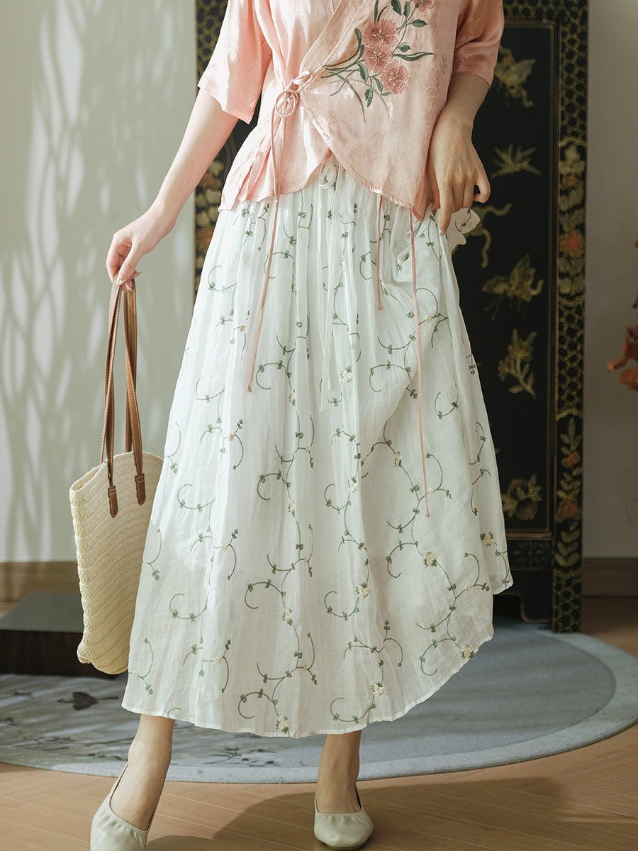 Women Summer Flower Thin Strap Linen Skirt RR1014 BUYKUD