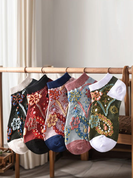 5 Pairs Women Summer Flower Jacquard Short Socks CO1040 Ada Fashion