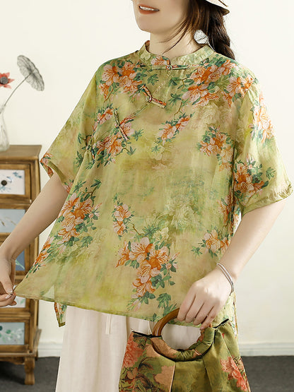 Women Summer Vintage Floral Buckle Ramie Shirt OO1043 XJYF