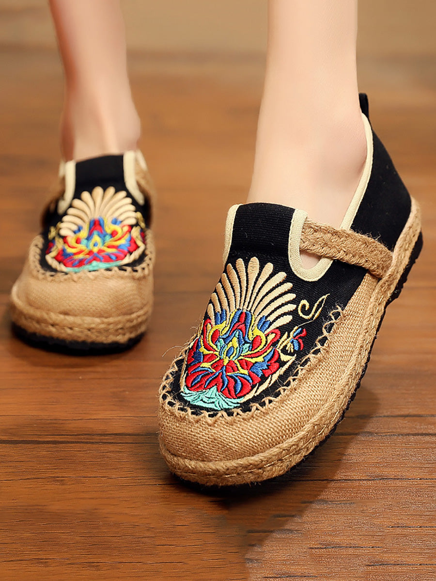 Women Summer Ethnic Embroidery Cloth Linen Flat Shoes AH1011 TACH