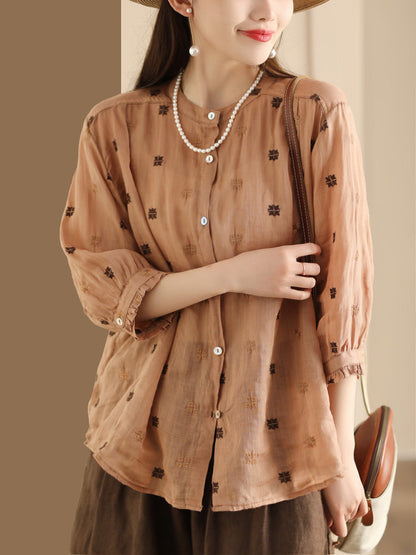 Women Spring Floral Embroidery Linen Button-Up Shirt CO1010 Ada Fashion