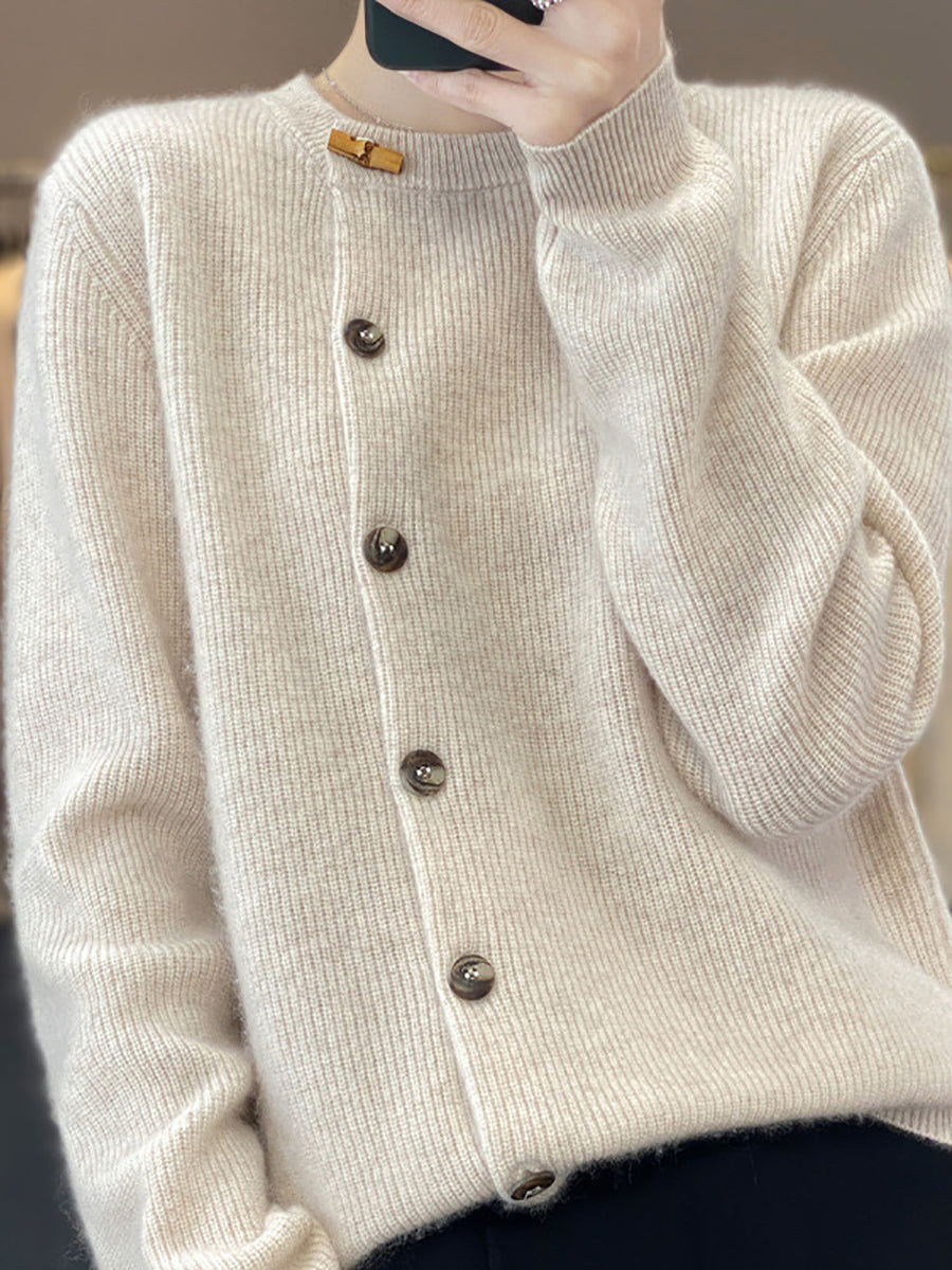 Women Autumn Solid Knit Wool Buttoned O-Neck Sweater WU024 BK