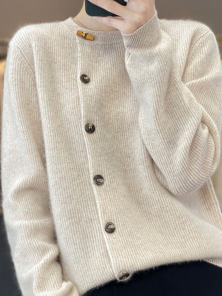 Women Autumn Solid Knit Wool Buttoned O-Neck Sweater WU024 BK