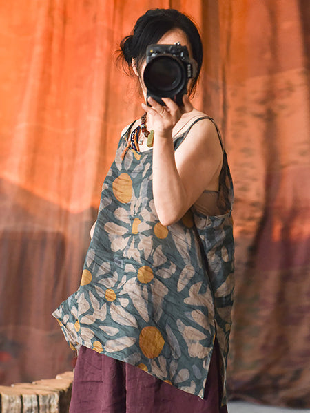 Women Vintage Flower Split Hem Thin Summer Ramie Vest HH051 QYMM