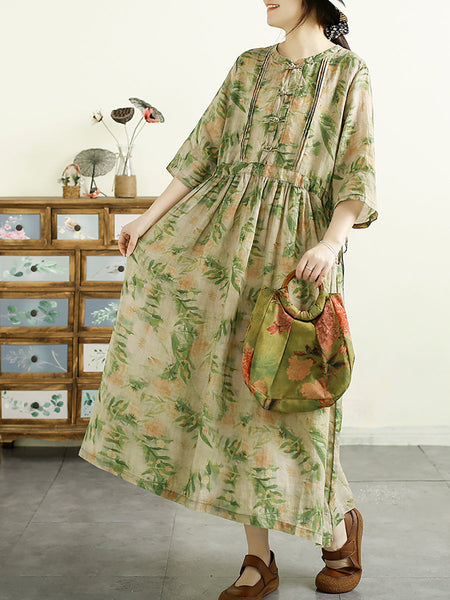 Women Summer Artsy Floral Shirred Ramie Dress QW1043 Ada Fashion