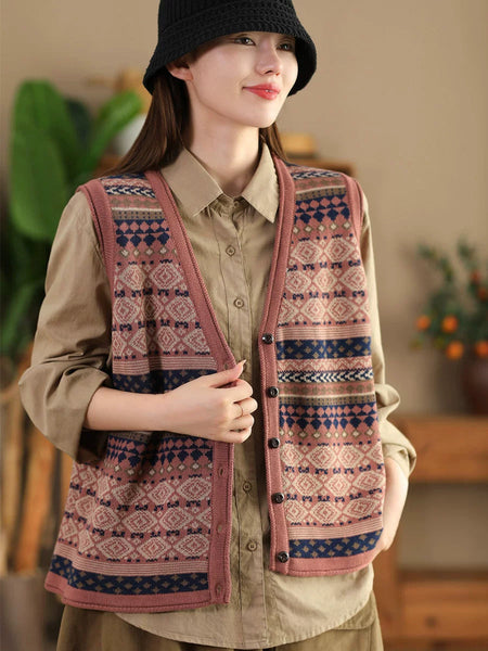 Women Ethnic Stripe V-Neck Cotton Vest WG027 BUYKUD