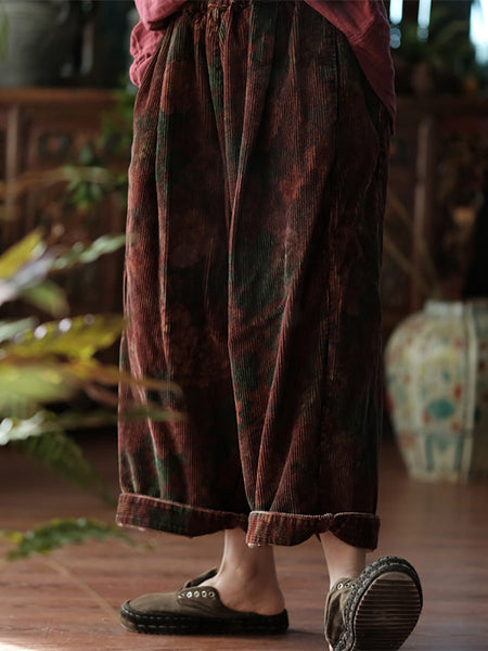 Women Vintage Spring Flower Croduroy Wide-leg Pants AT1079 BUYKUD