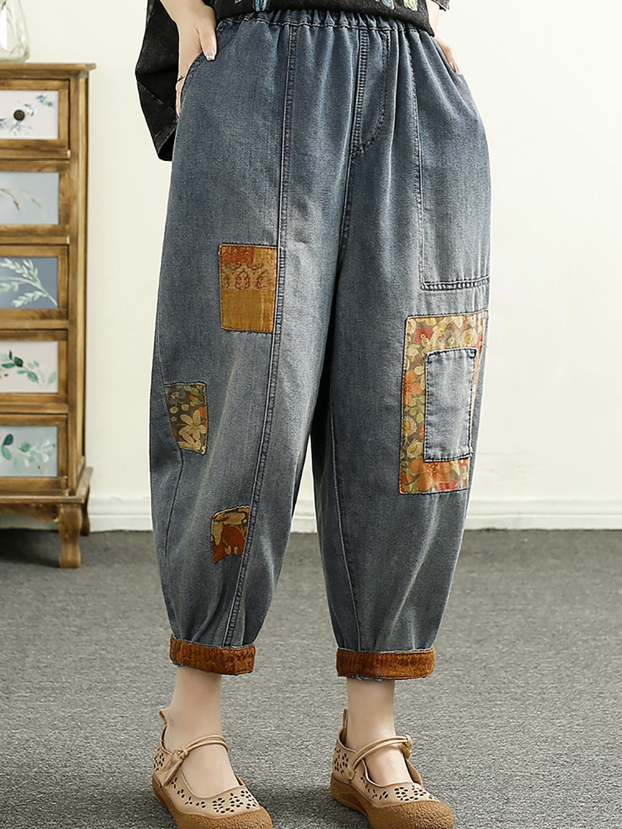 Women Summer Vintage Patch Spliced Denim Harem Pants HH040 DYL