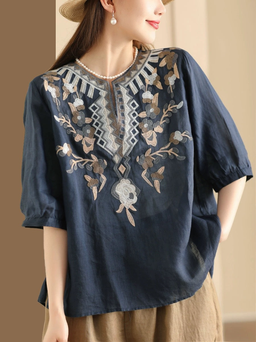 Women Summer Ethnic Flower Embroidery Ramie Shirt BN1009 Ada Fashion