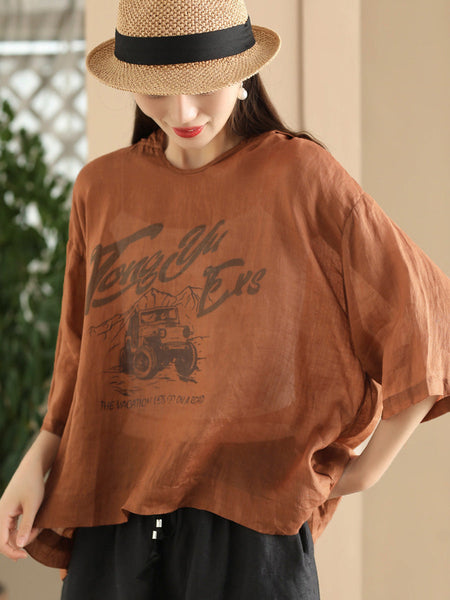 Women Summer Casual Print Thin Ramie HoodedShirt LL038 BUYKUD