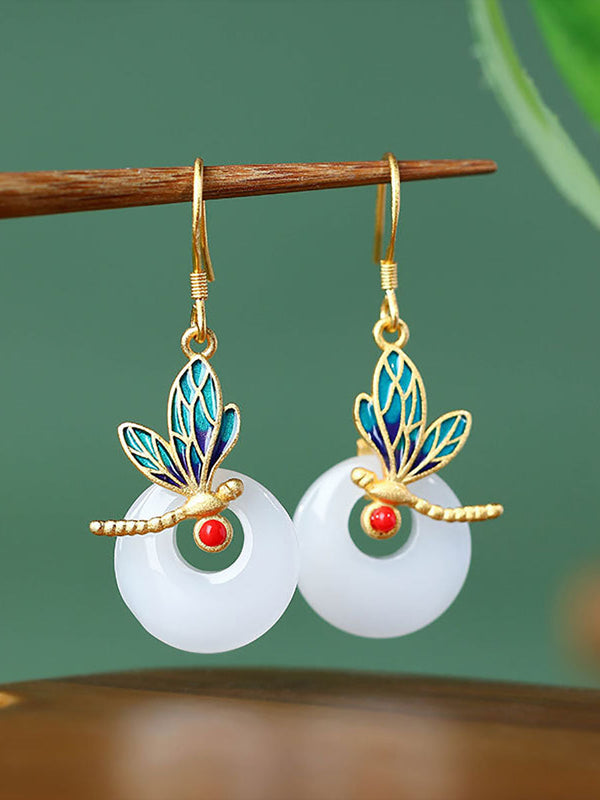 Women Vintage Dragonfly Enamel Round Jade Earrings BA1074 Genistyle Shop