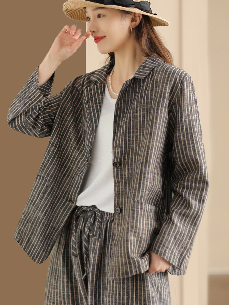 Plus Size Women Vintage Stripe Spring Linen Shirt+Pants II1057 BK