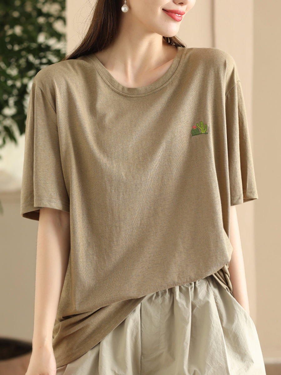 Women Summer Casual Solid Embroidery O-Neck Cotton Shirt CX060 JPFS