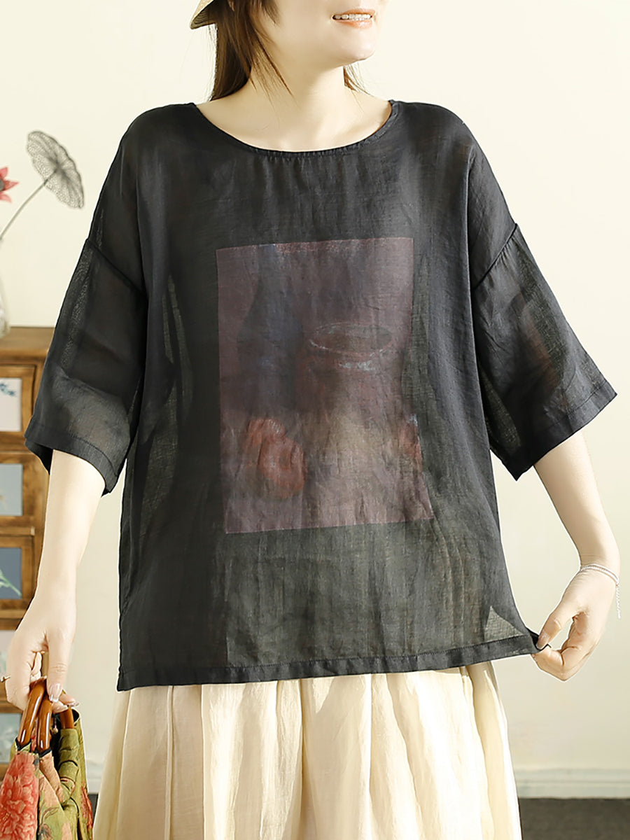 Women Summer Casual Print Loose Ramie Shirt OP1043 OSZF