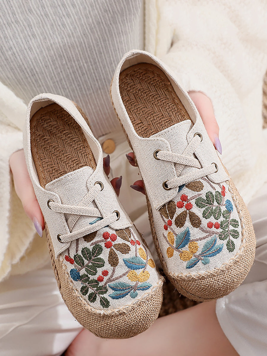 Women Summer Vintage Flower Embroidery Linen Cloth Shoes AT1068 TACH