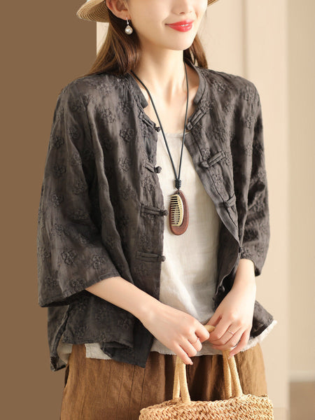 Women Ethnic Flower Jacquard Button-up Ramie Blouse SC1023 Ada Fashion