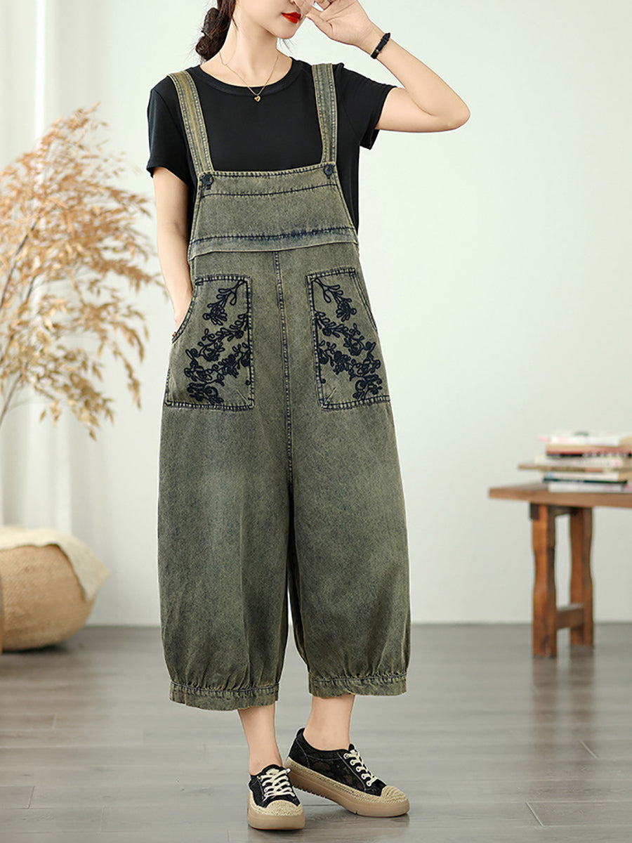 Long Jumpsuits Women Flower Embroidery Denim Summer FashionChic