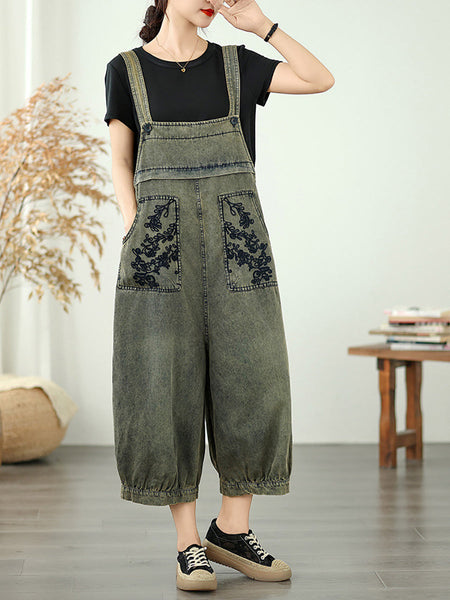 Long Jumpsuits Women Flower Embroidery Denim Summer FashionChic