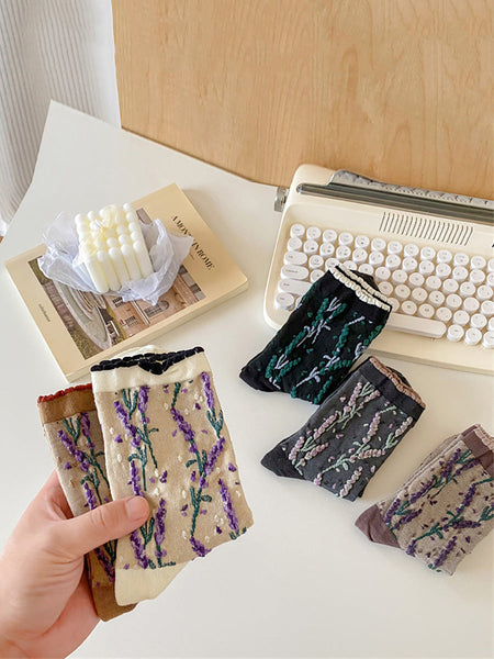 5 Pairs Women Flower Jacquard Colorblock Cotton Socks AH1024 ZJHK