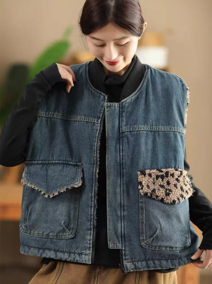 Women Autumn Retro Leopard O-Neck Dual-side Wearing Vest QN008 BUYKUD