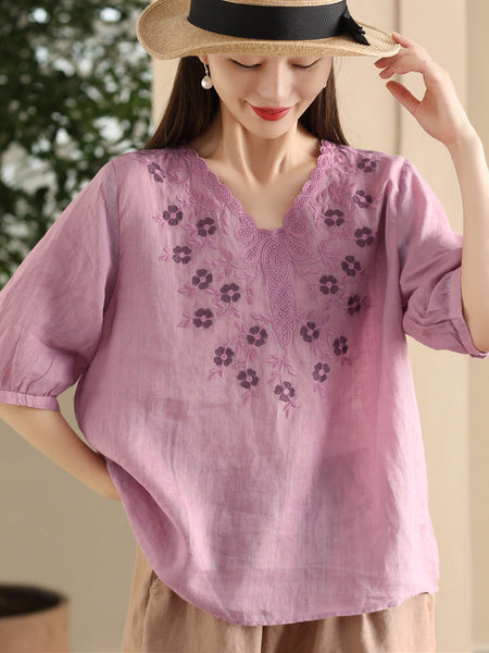 Women Summer Artsy Flower Embroidery Ramie V-Neck Shirt CC030 LPP