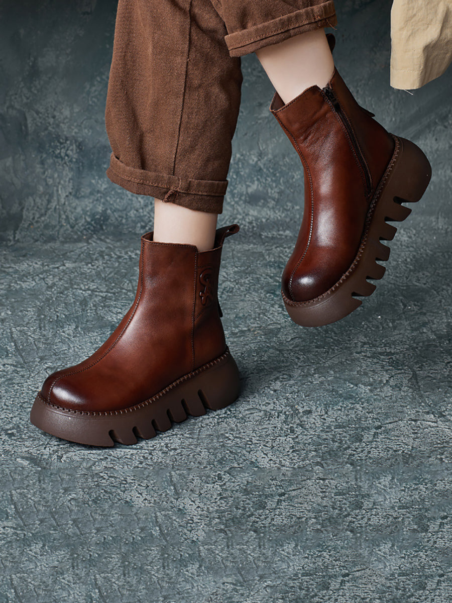 Women Retro Genuine Leather Platform Boots QM017 RXMY