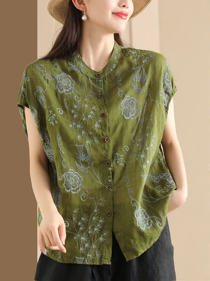 Women Summer Vintage Flower Embroidery Button Ramie Shirt OO1048 ZMMM