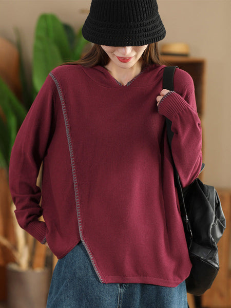 Women Autumn Casual Split Hem Knit Hooded Blouse AI1066 ZMMM