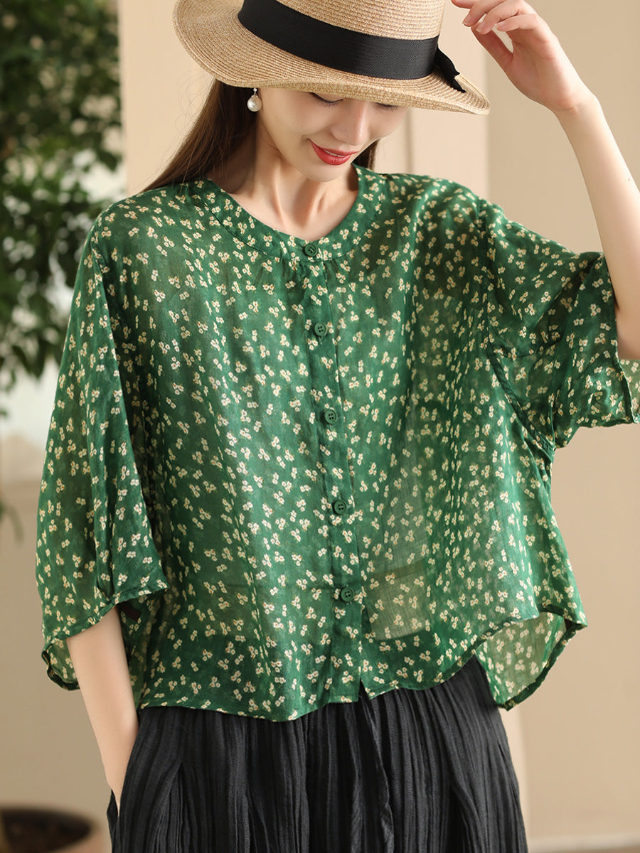 Women Summer Artsy Floral O-Neck Thin Shirt FD023 XJYF