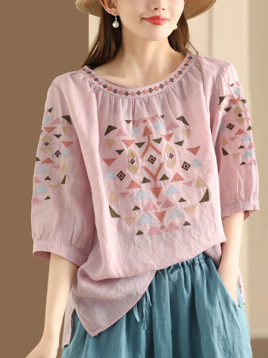 Women Summer Vintage Embroidery O-Neck Ramie Shirt OP1042 BUYKUD