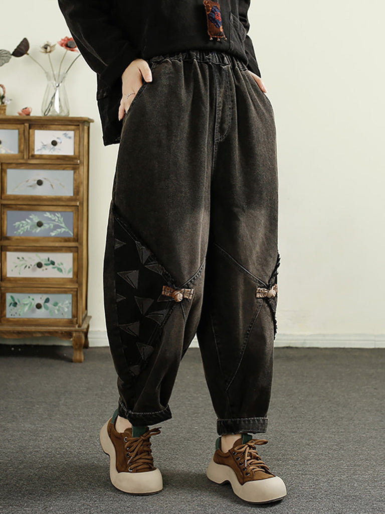 Women Autumn Patch Spliced Washed Denim Harem Pants AI1052 BUYKUD