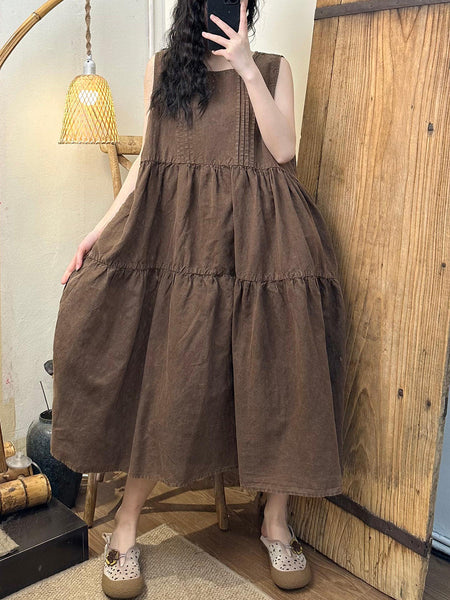 Women Summer Vintage Solid Shirred Linen Vest Dress BN1042 Ada Fashion