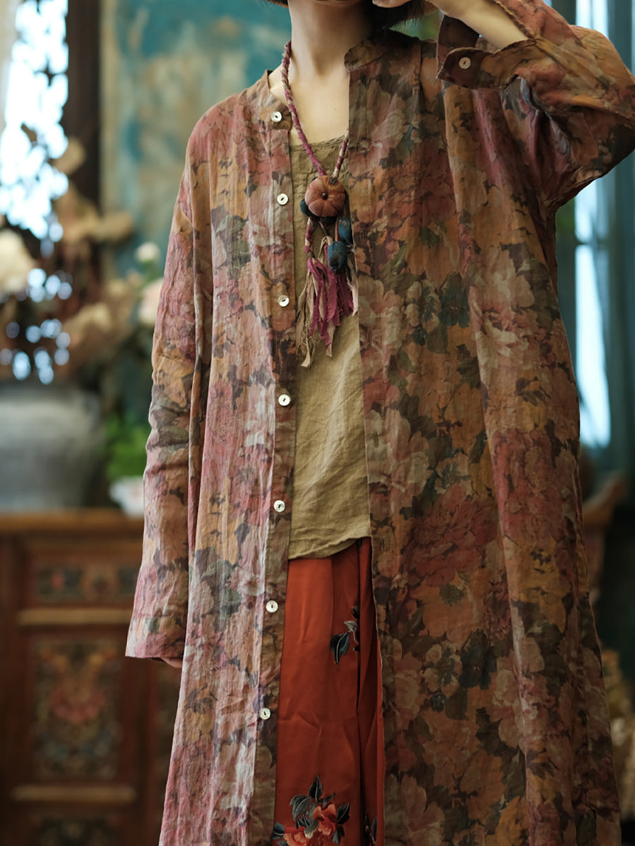 Women Vintage Floral Retro Ramie Button-up Long Shirt XX1002 Ada Fashion