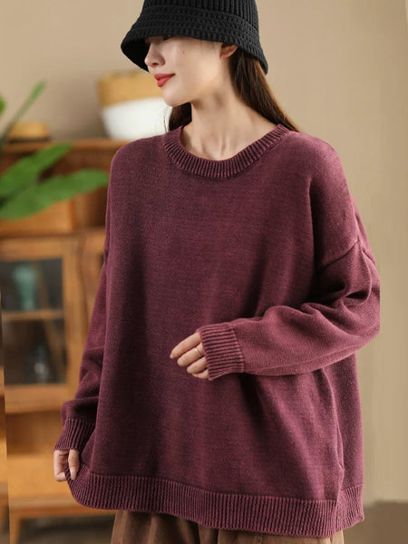 Women Autumn Casual O-Neck Pure Color Knit Sweater AK1028 Genistyle Shop