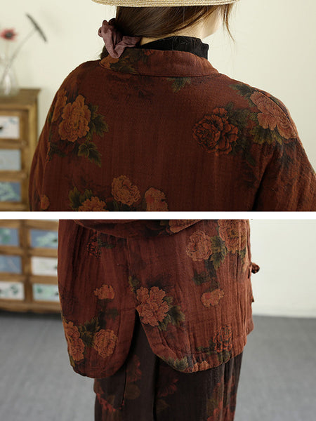 Women Ethnic Autumn Flower Buckle Cotton Stand Collar Coat BA1046 Genistyle Shop